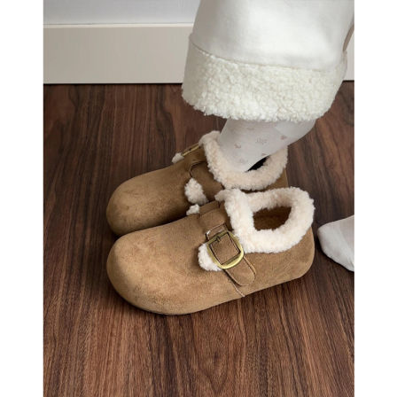 牛皮版~真皮复古保暖加绒皮带扣内增高5cm勃肯鞋女圆头毛毛鞋棉鞋