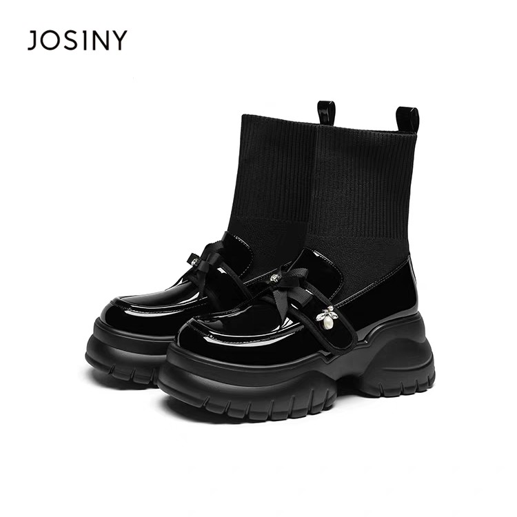 卓诗尼2026蝴蝶结休闲风袜靴黑色中筒女靴筒靴女鞋圆头显瘦休闲主图