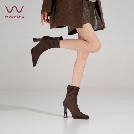 吴大叔秋冬尖头高跟时装弹力瘦瘦靴短靴琥珀流光后拉链加