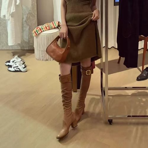 复古mui家皮带扣高跟长靴秋冬时尚气质弹力靴方头粗跟网红时装靴主图