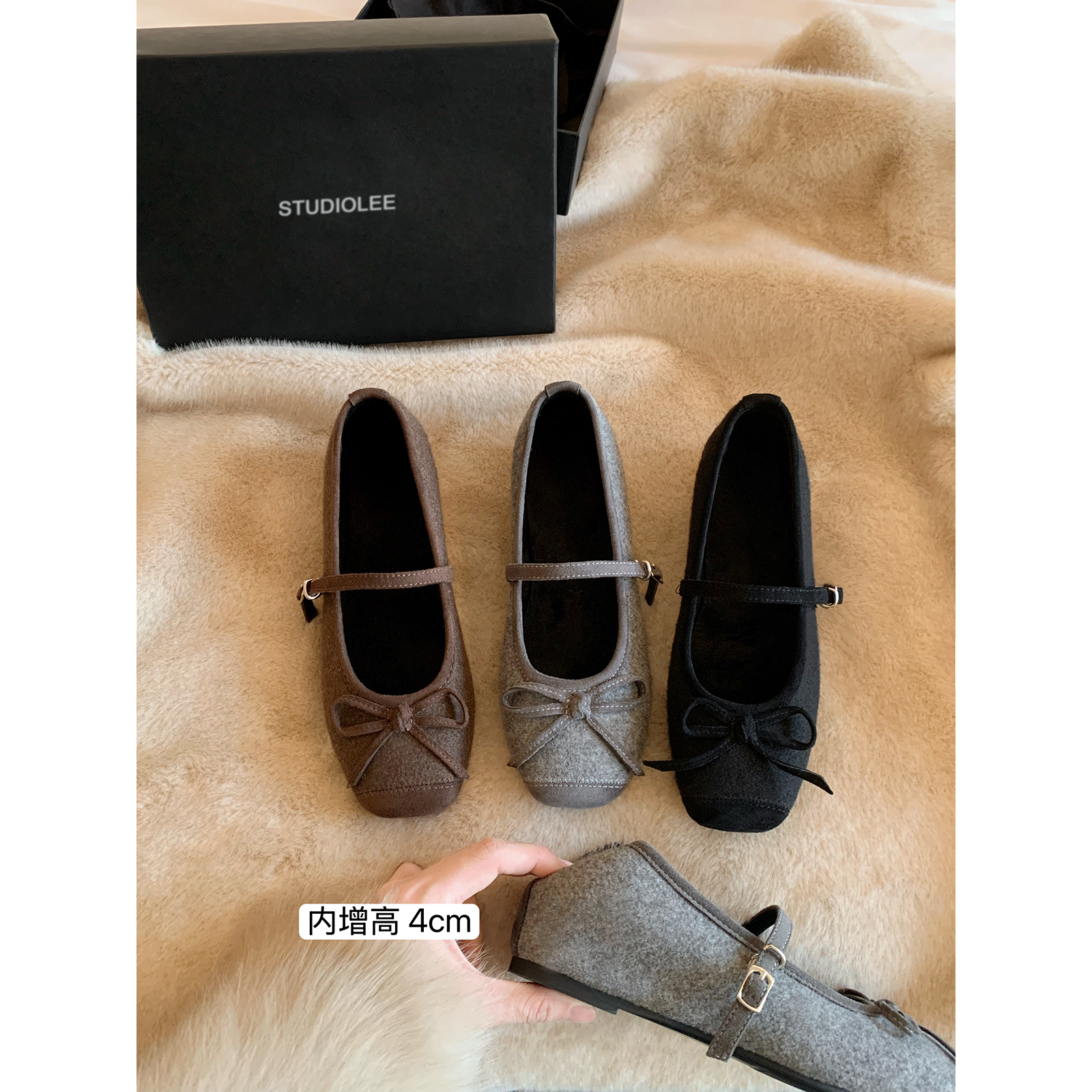 葡萄妈studiolee 增高4cm~ 方圆头蝴蝶结一字带加绒毛呢玛丽珍鞋主图