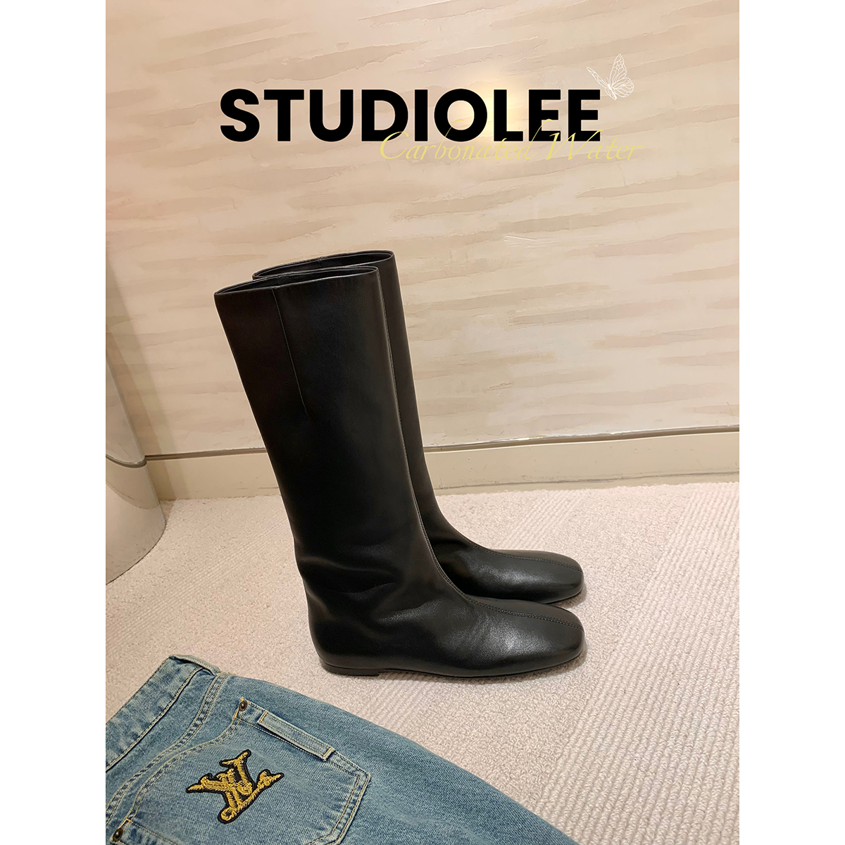 葡萄妈studiolee 羊皮直筒一脚蹬平底中筒内增高骑士靴冬季女靴主图