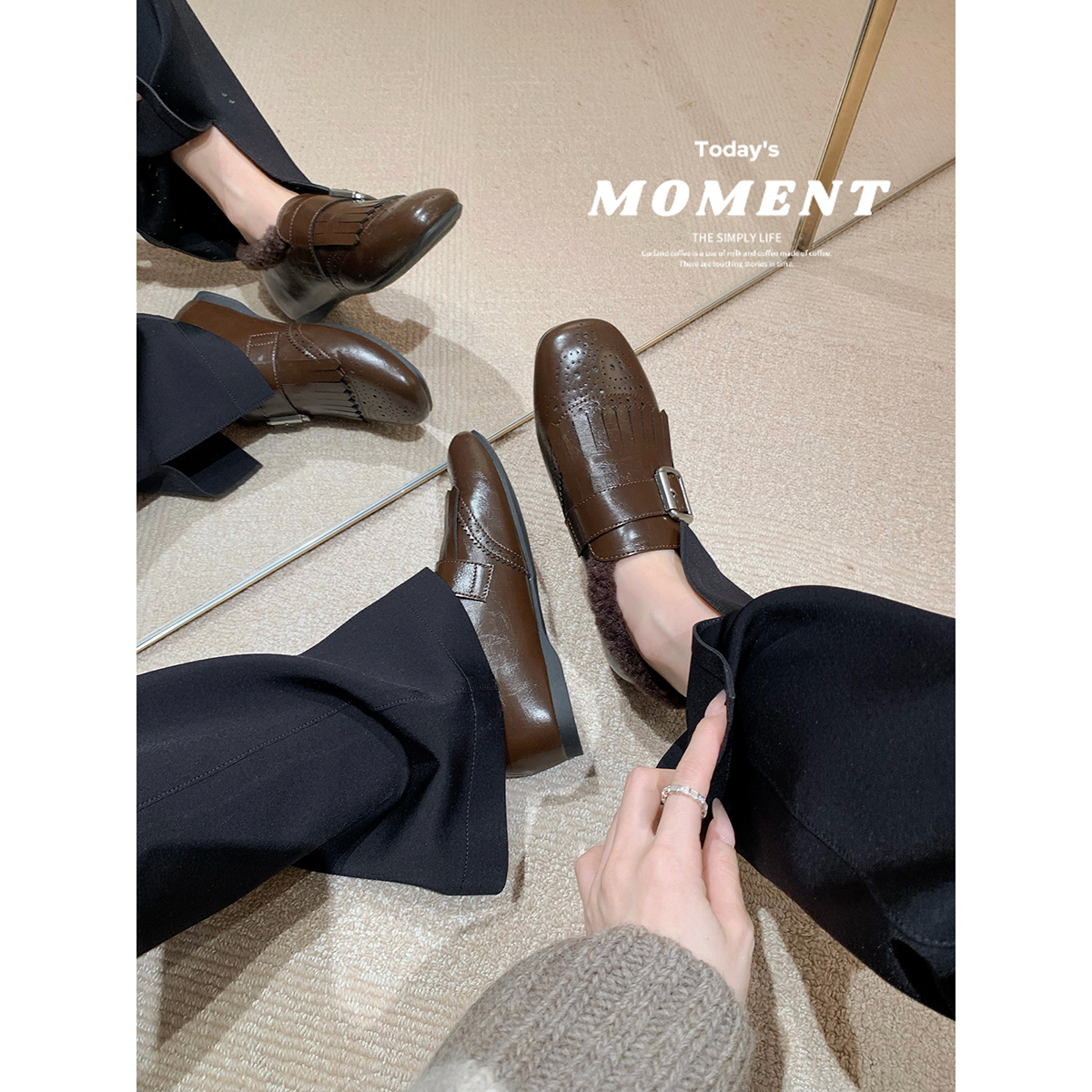 葡萄妈studiolee 英伦girl~ 复古布洛克流苏雕花扣带毛毛小皮鞋主图