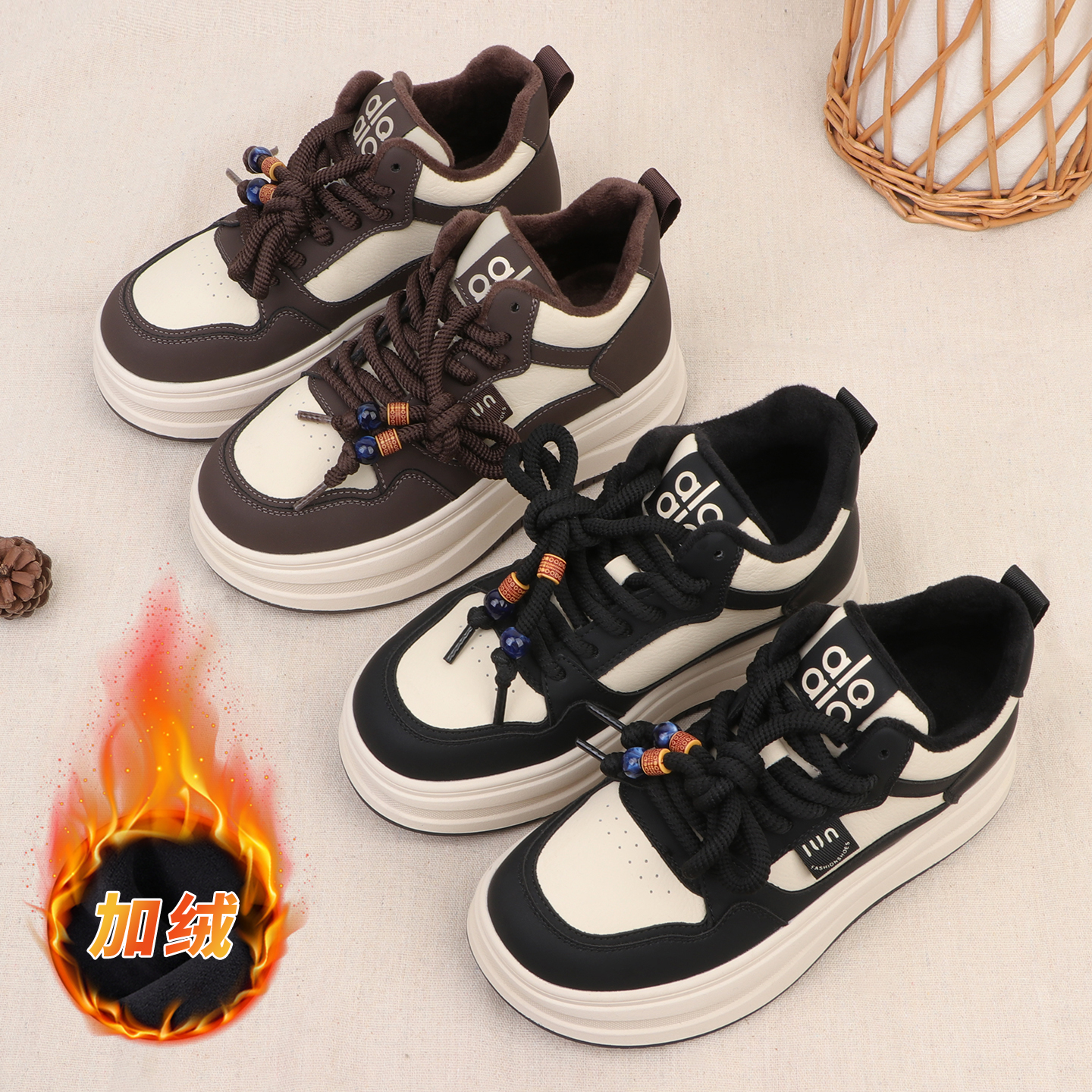 自然小铺 2025冬季【加绒加厚】休闲板鞋撞色熊猫鞋百搭运动鞋女主图
