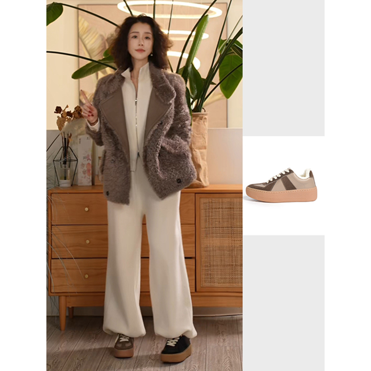 Y【叭哒不惑】丝光牛反绒羊毛复古拼色设计德训鞋女时尚休闲主图