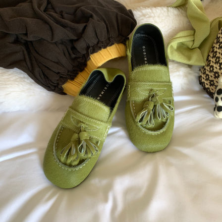 12.9日鞋大师2025冬季复古方头平底乐福鞋英伦绿色马毛小皮鞋女