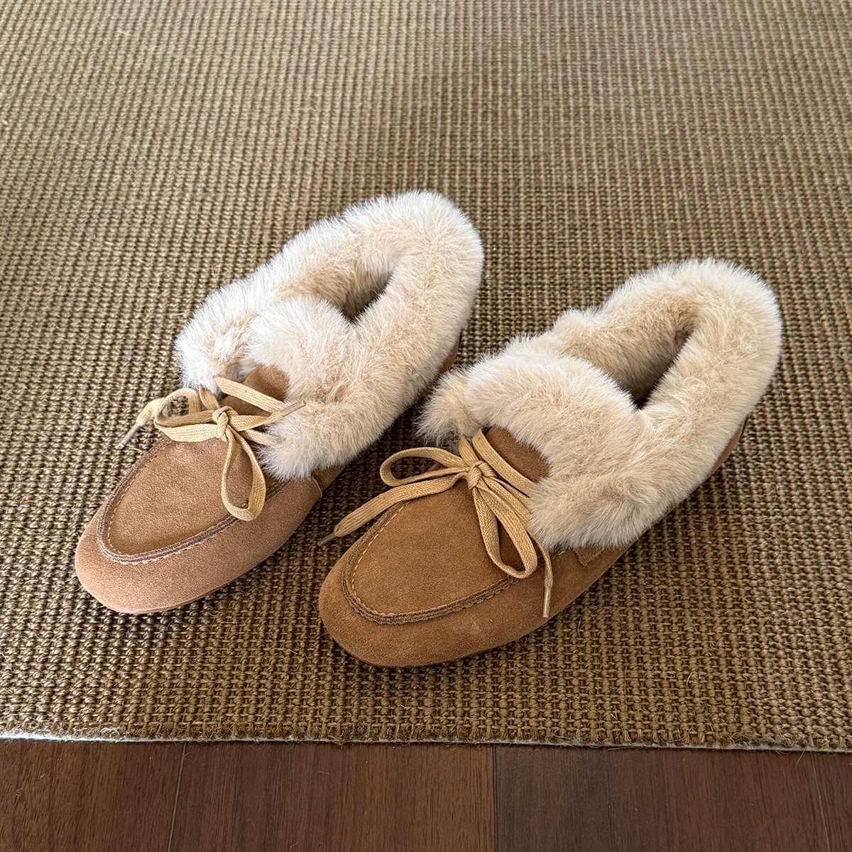 羊皮版~新款温柔懒人外穿豆豆鞋女蝴蝶结磨砂皮平底毛毛乐福鞋冬主图