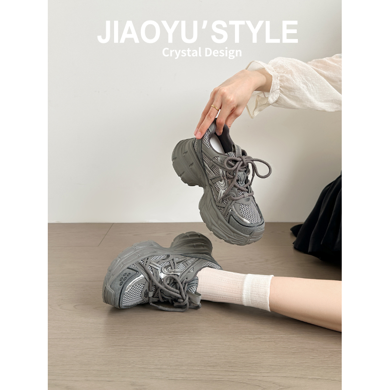 真皮~骄屿厚底老爹鞋女2025秋冬新款复古增高百搭灰色休闲运动鞋主图