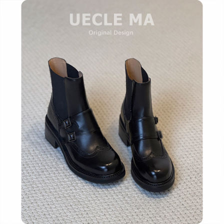 牛皮版~厚底切尔西靴2025秋冬新款马丁靴粗跟通勤布洛克复古短靴