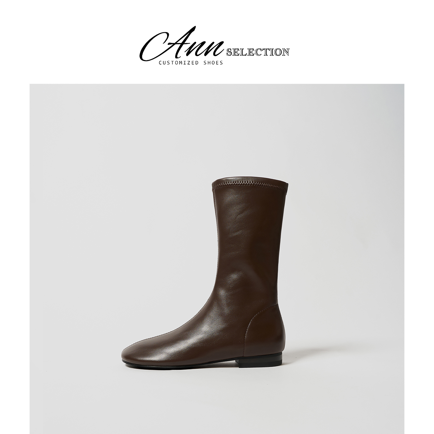 ANN法式圆头弹力靴女2025年冬季新款百搭套筒瘦瘦靴子低跟短筒靴主图