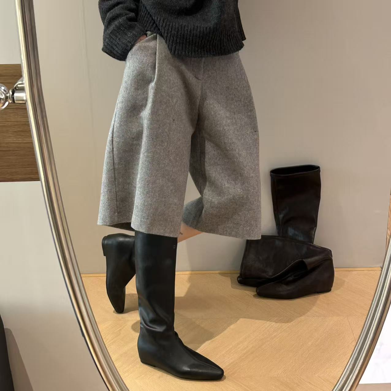 H55女鞋轻法式2025冬季新款尖头弹力瘦瘦靴短筒楔形增高时装靴主图