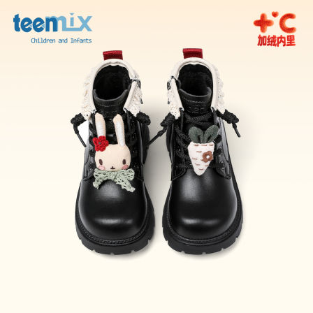 天美意童鞋2025冬季新款女童加绒保暖马丁靴女孩卡通装饰厚底短靴