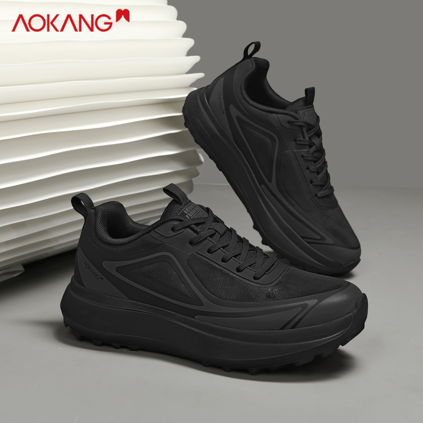 奥康男鞋运动鞋男款2025秋冬新款皮面防水通勤鞋子黑色休闲跑步鞋主图