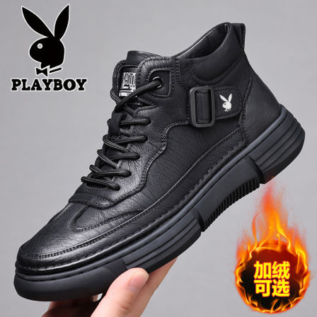 花花公子男鞋高帮棉靴冬季休闲皮鞋软底加绒保暖棉鞋真皮马丁靴男