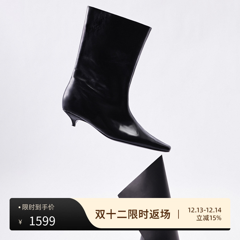 开间/镁国进口皱漆牛皮意大利真皮底 原创酒杯跟窄方头中筒宽口靴主图