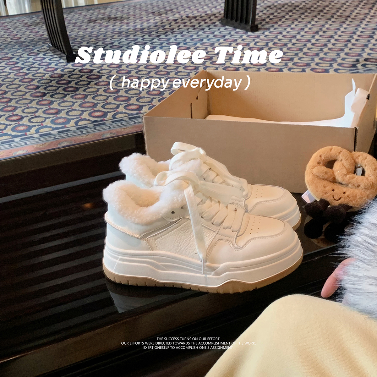 葡萄妈studiolee 5cm厚底~ 休闲风圆头系带加绒毛毛板鞋女秋冬主图
