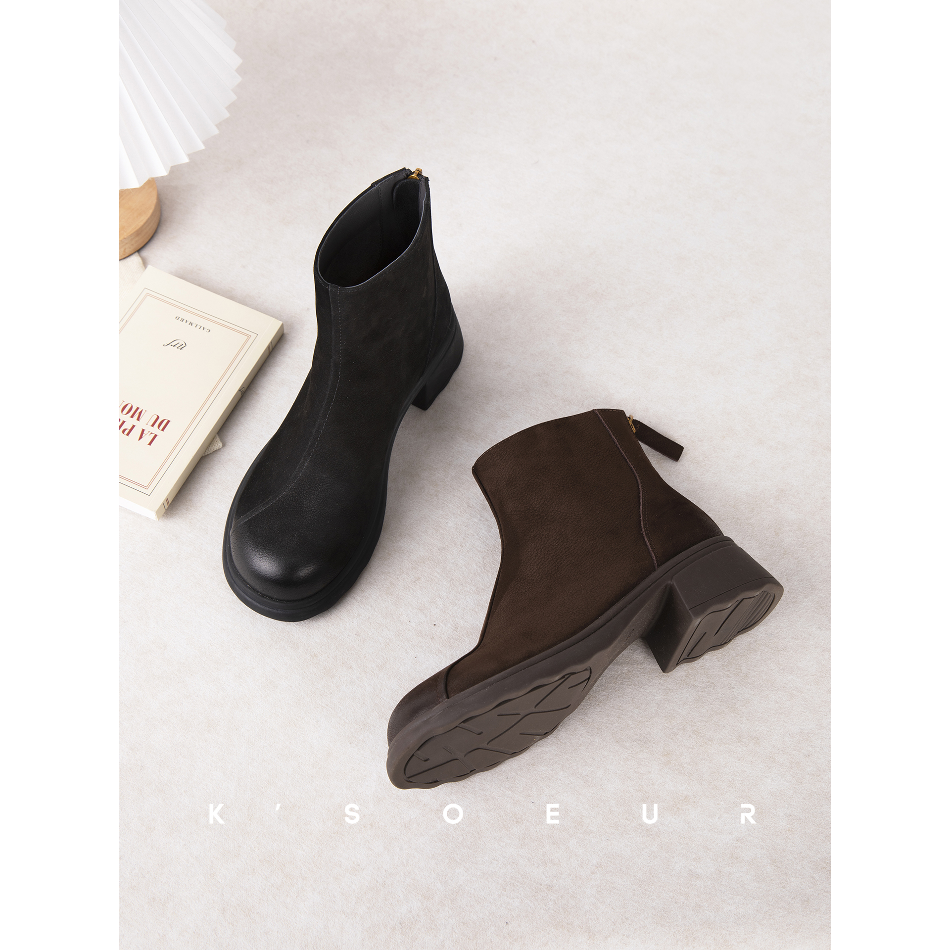 K姐 生巧慕斯短靴 头层牛皮 经典气质高级感显瘦增高靴子女鞋主图