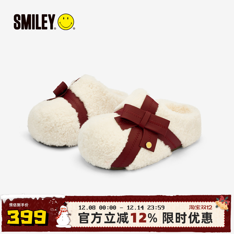SMILEY【圣诞限定】笑脸冬女穆勒蝴蝶结保暖厚底增高一脚蹬拖鞋子主图