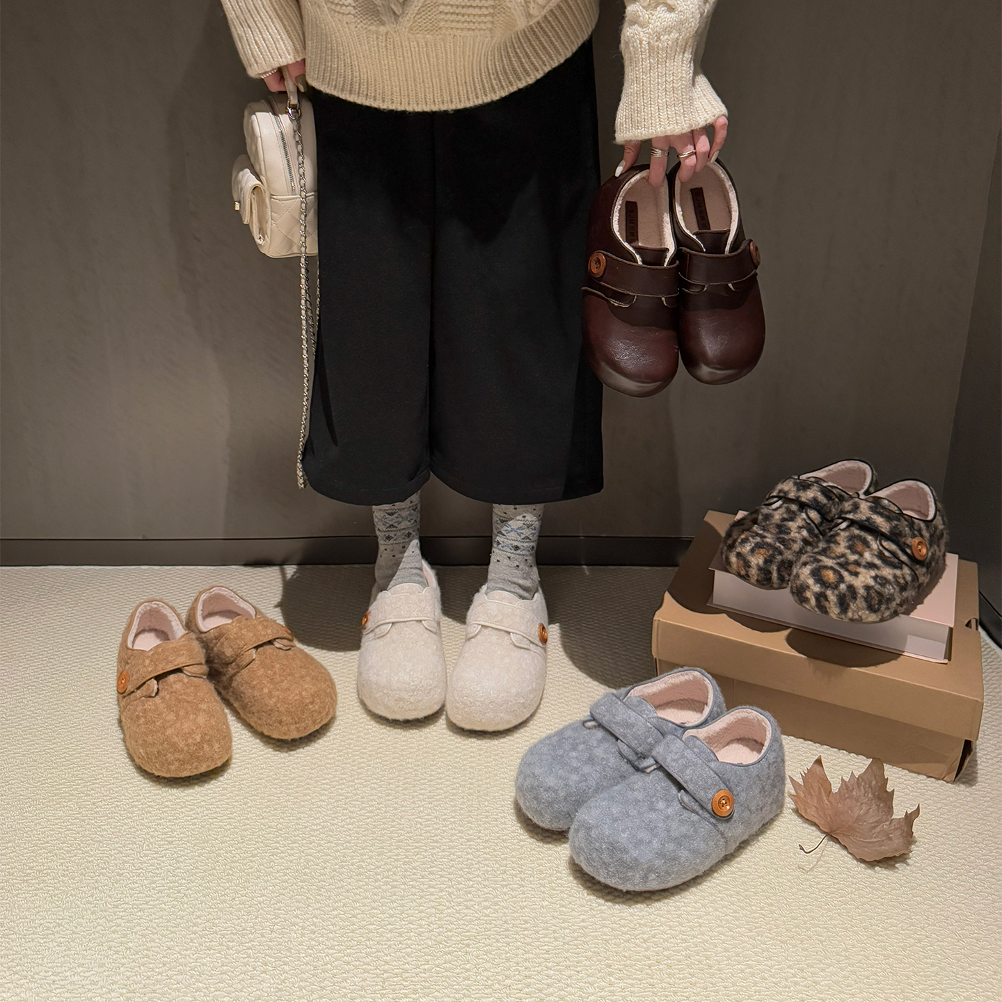 伯爵猫魔术贴加绒勃肯鞋女冬季厚底复古增高小个子毛呢保暖棉鞋子主图