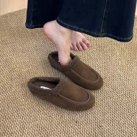 羊皮版~复古磨砂毛毛拖鞋女外穿一脚蹬懒人平底鞋包头穆勒棉拖鞋