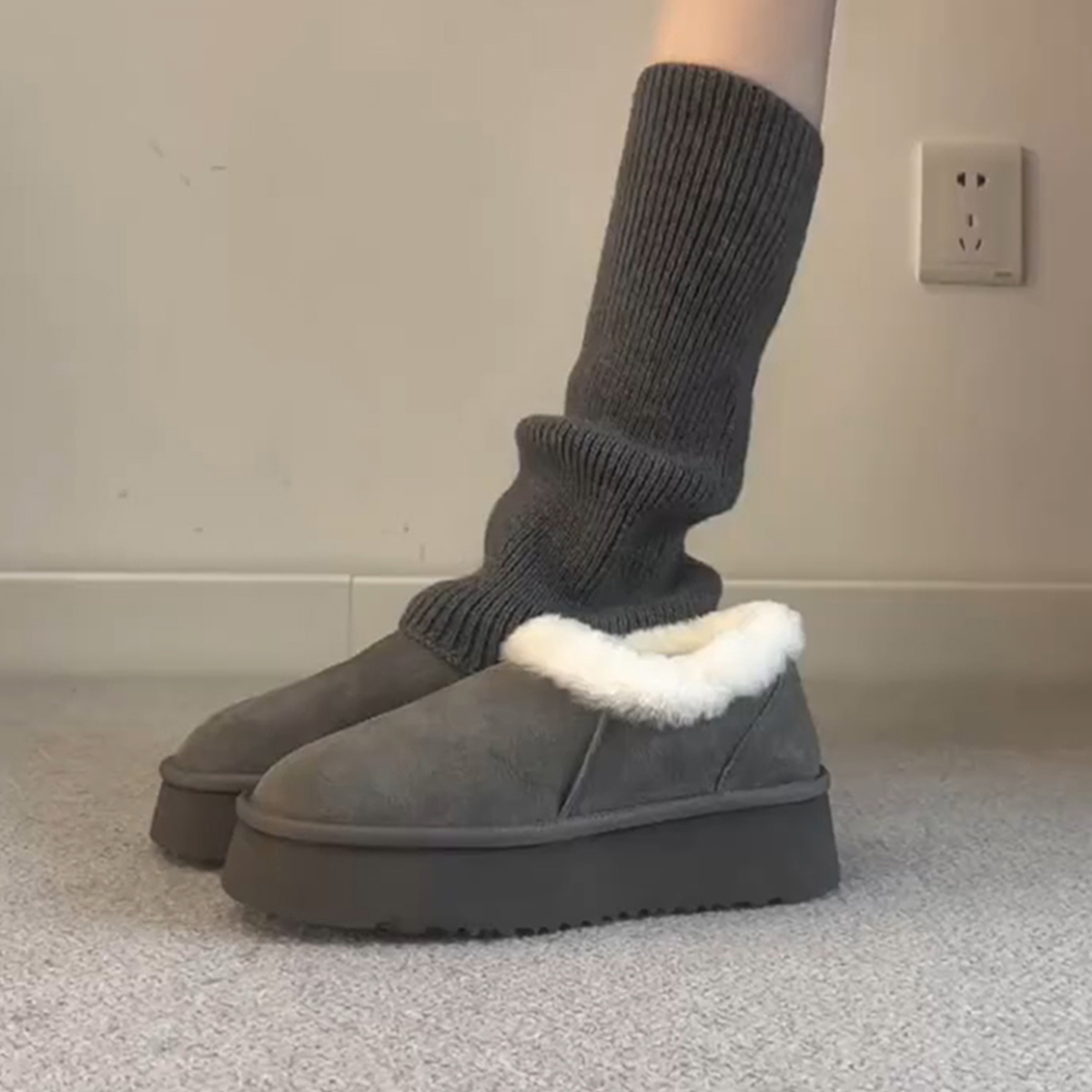 牛皮版~时髦百搭小个子增高厚底雪地靴女简约一脚蹬保暖休闲棉靴主图