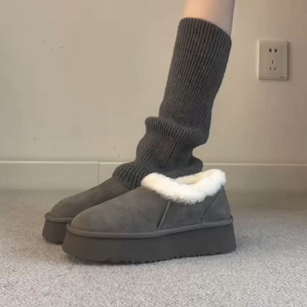牛皮版~时髦百搭小个子增高厚底雪地靴女简约一脚蹬保暖休闲棉靴
