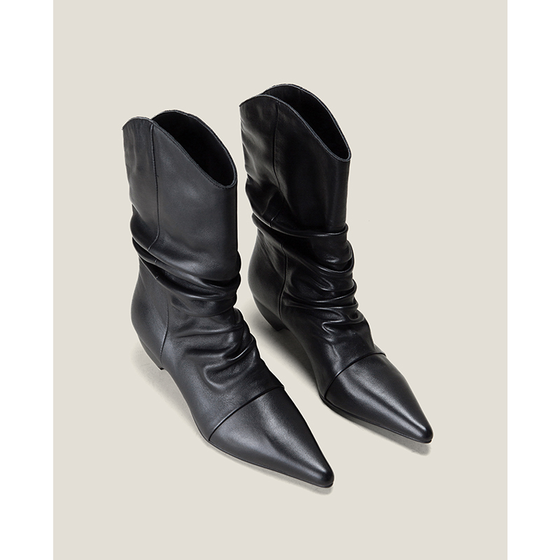 【鞋匠女王×原创艏发】Jin口小牛皮粗跟尖头褶皱堆堆西部牛仔靴主图