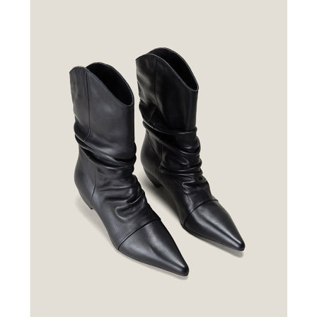 【鞋匠女王×原创艏发】Jin口小牛皮粗跟尖头褶皱堆堆西部牛仔靴