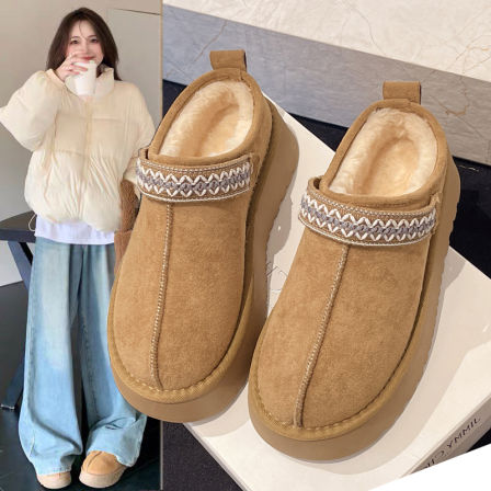 厚底一脚蹬半拖鞋女冬外穿2025新款加绒加厚保暖棉拖鞋低帮雪地靴