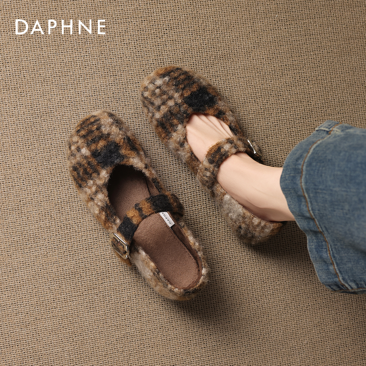 达芙妮加绒格纹单鞋女2025新款秋冬保暖棉鞋毛毛鞋浅口玛丽珍女鞋主图