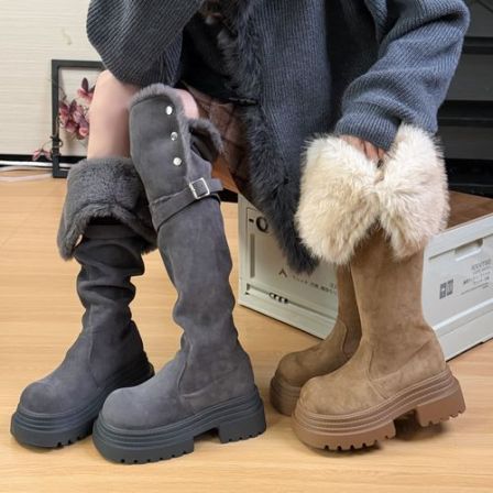 2025年冬季新款复古西部靴女加绒过膝长靴灰色长筒靴雪地靴骑士靴