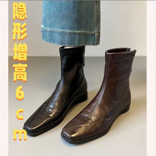 阔腿裤必备鞋短靴女2025年新款气质方头软底舒适平底瘦瘦靴女时尚主图