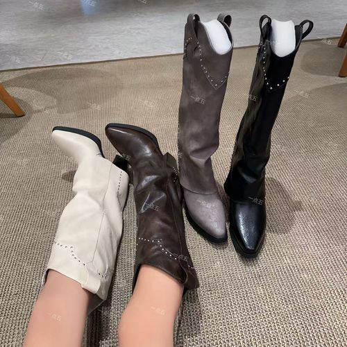 【发财婧专属】一点五隐形增高14CM长靴真皮高跟鞋子经典百搭西部靴主图