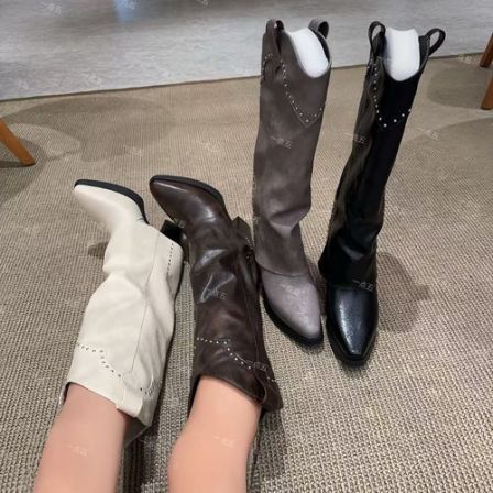 【发财婧专属】一点五隐形增高14CM长靴真皮高跟鞋子经典百搭西部靴