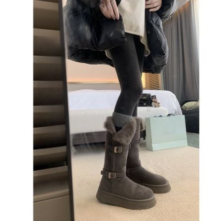 2025新款厚底毛毛加绒加厚防滑保暖棉鞋中长筒雪地靴灰色女冬季款