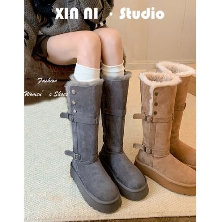 厚底雪地靴女2025冬季筒靴子保暖雪地棉鞋加绒加厚扣带大棉鞋灰色