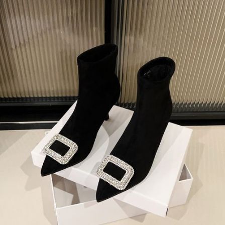 冬季黑色高跟靴子时装弹力靴百搭时尚高跟尖头细跟小个子瘦瘦靴女