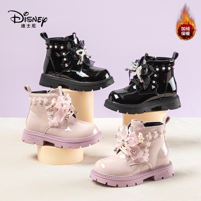 迪士尼女童鞋冬季新款加绒保暖靴子复古黑色棉靴艾莎儿童马丁靴子主图