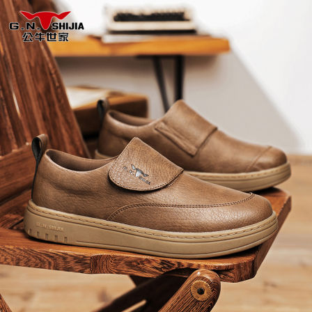 公牛世家男鞋冬季一脚蹬魔术贴休闲皮鞋男英伦百搭套脚男士豆豆鞋