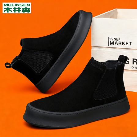 木林森马丁靴男款2025冬季新款棉皮鞋真皮加绒保暖一脚蹬切尔西靴