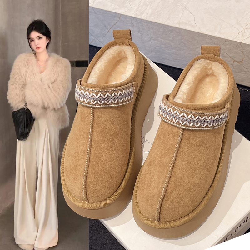 加绒保暖厚底雪地靴女冬季2025新款一脚蹬半拖懒人棉鞋东北面包鞋主图