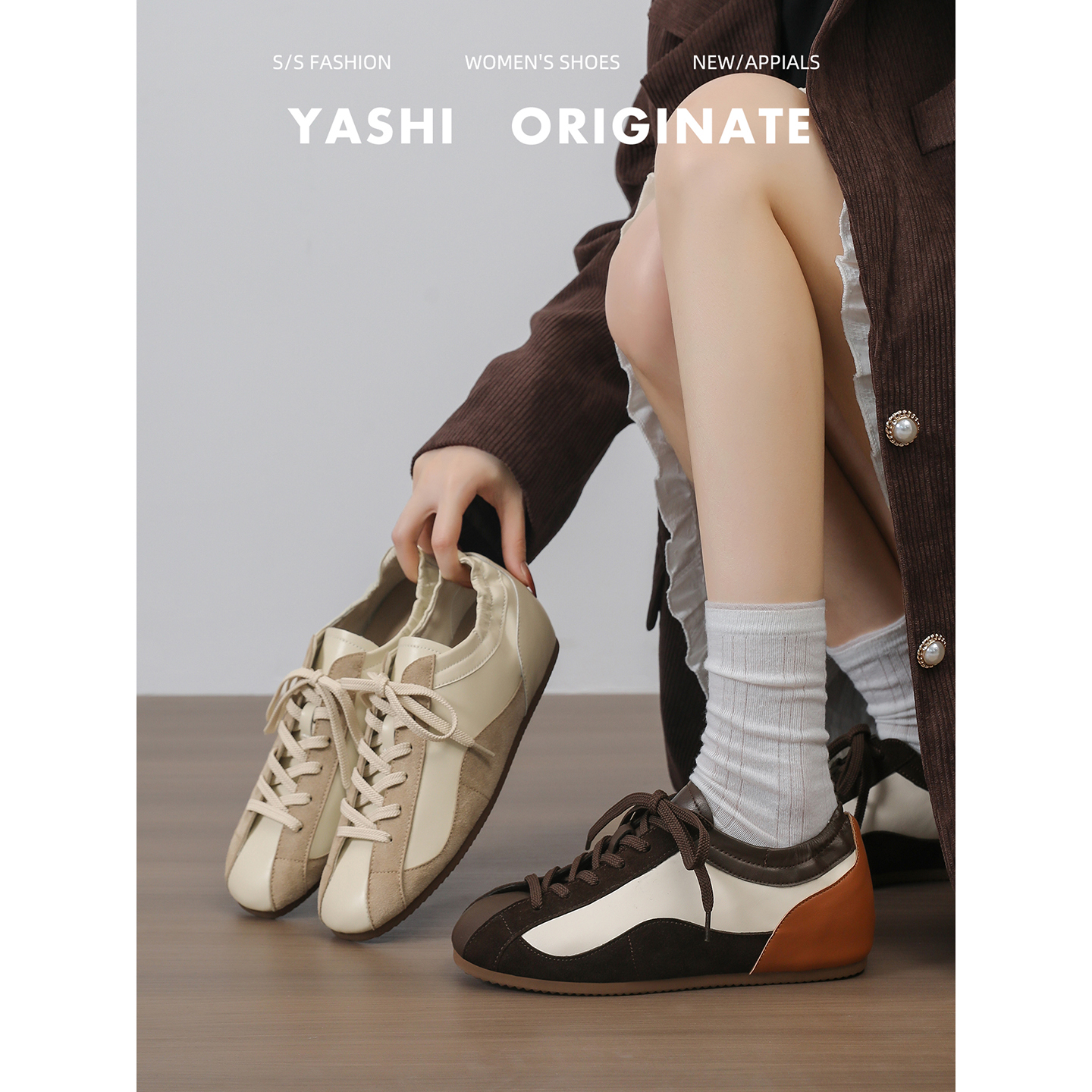 真皮芭蕾舞德训鞋女2025秋冬款复古百搭轻便小白鞋休闲运动阿甘鞋主图