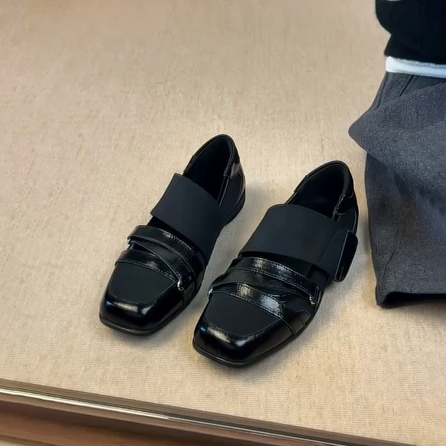 羊皮版~方头复古运动风玛丽珍鞋百搭厚底芭蕾舞鞋浅口休闲单鞋女主图