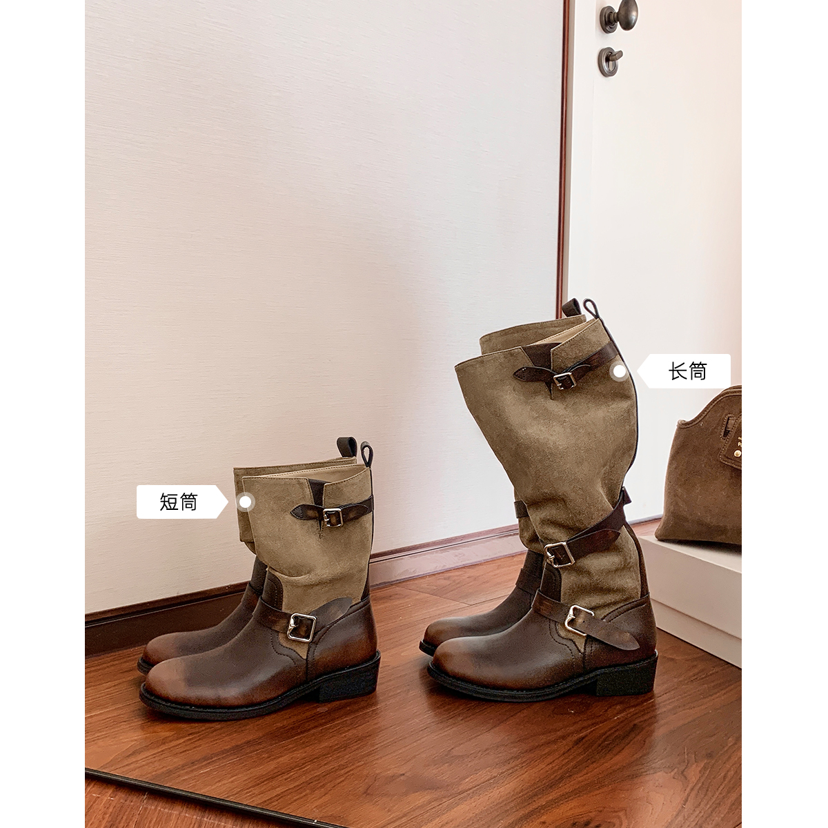 真皮！褶皱长筒靴女2025冬季新款粗跟短靴复古做旧擦色高筒骑士靴主图