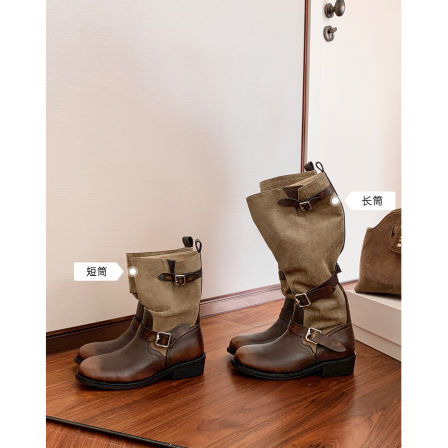 真皮！褶皱长筒靴女2025冬季新款粗跟短靴复古做旧擦色高筒骑士靴