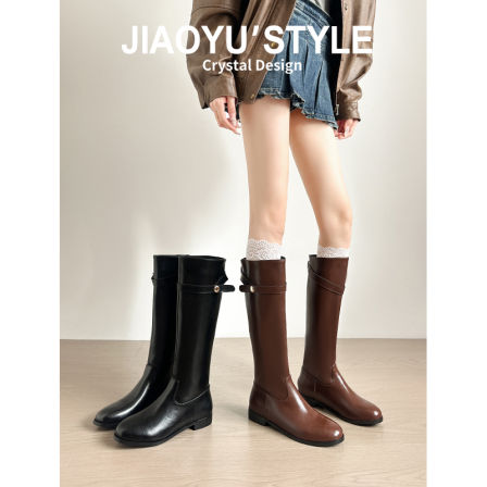 真皮~骄屿英伦靴子长筒靴女2025秋冬新款不过膝圆头内增高骑士靴