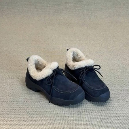 羊皮版~圆头系带加绒乐福鞋女厚底保暖羊毛羔小皮鞋防滑通勤棉鞋