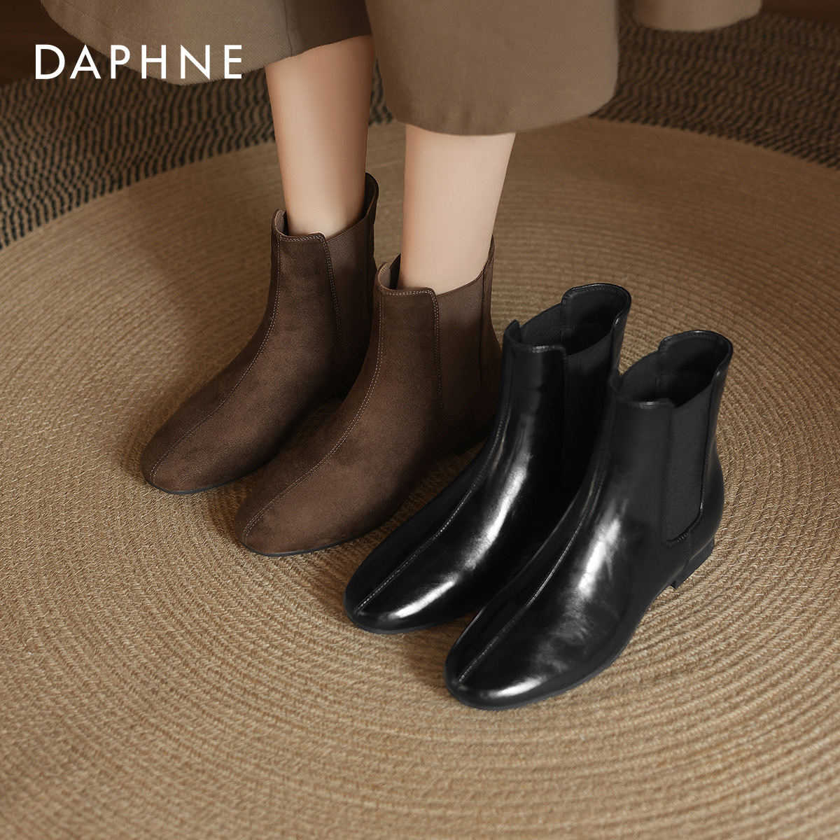达芙妮棕色短靴女冬季2025新款中筒靴子加绒马丁靴切尔西瘦瘦靴主图
