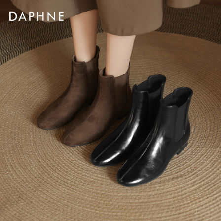 达芙妮棕色短靴女冬季2025新款中筒靴子加绒马丁靴切尔西瘦瘦靴