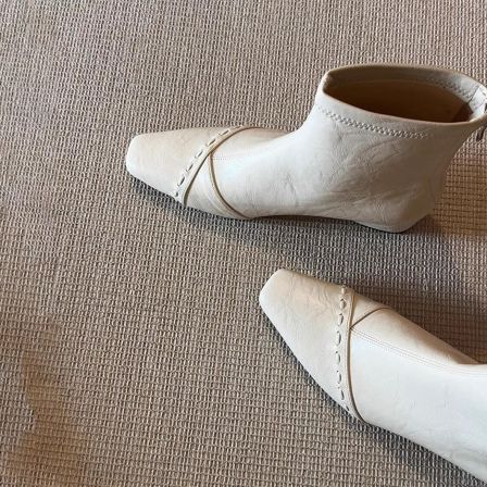 牛皮版~方头真皮简约瘦瘦靴女法式温柔后拉链编织内增高冬季短靴